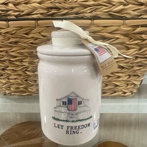 Rae Dunn White Ceramic Canister with Barn and Flag Design